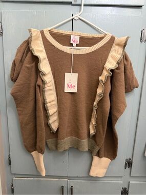 ME Makeover Essentials Brown Crew Sweater with Cream Ruffle Trim